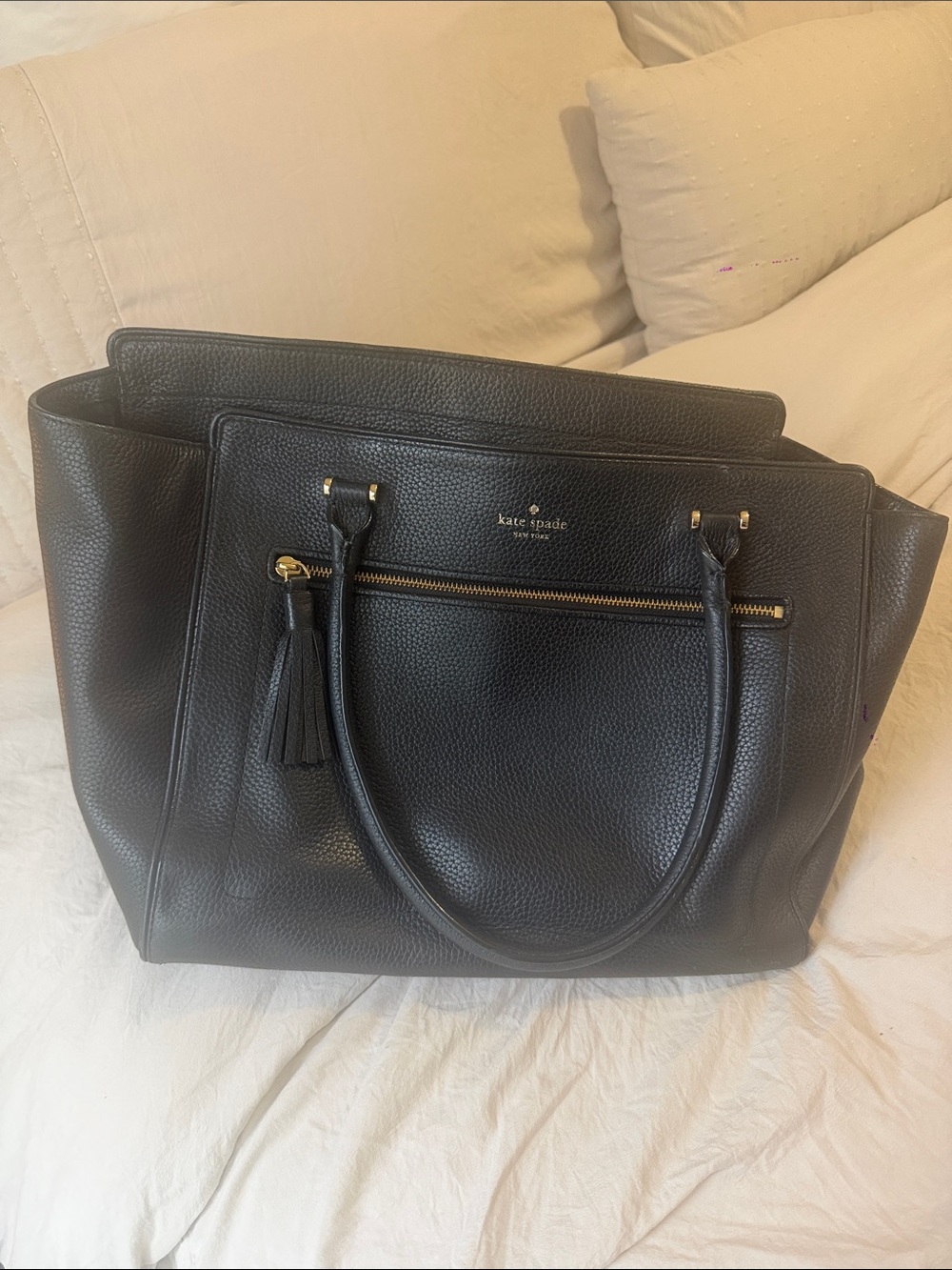 kate spade Black Pebbled Leather Tote with Tassel